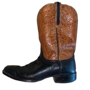 Larry Mahan El Paso Leather Tooled Western Boots Black Tan Mens 8.5 Ladies 10